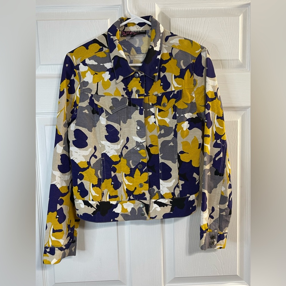 Peck & Peck Jacket Womens L Blue Yellow Leaves Floral Casual Snap Front